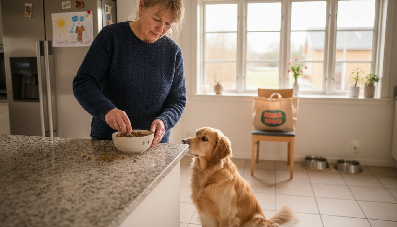 En kvinne står på kjøkkenet og gjør klart mat til hunden sin.
