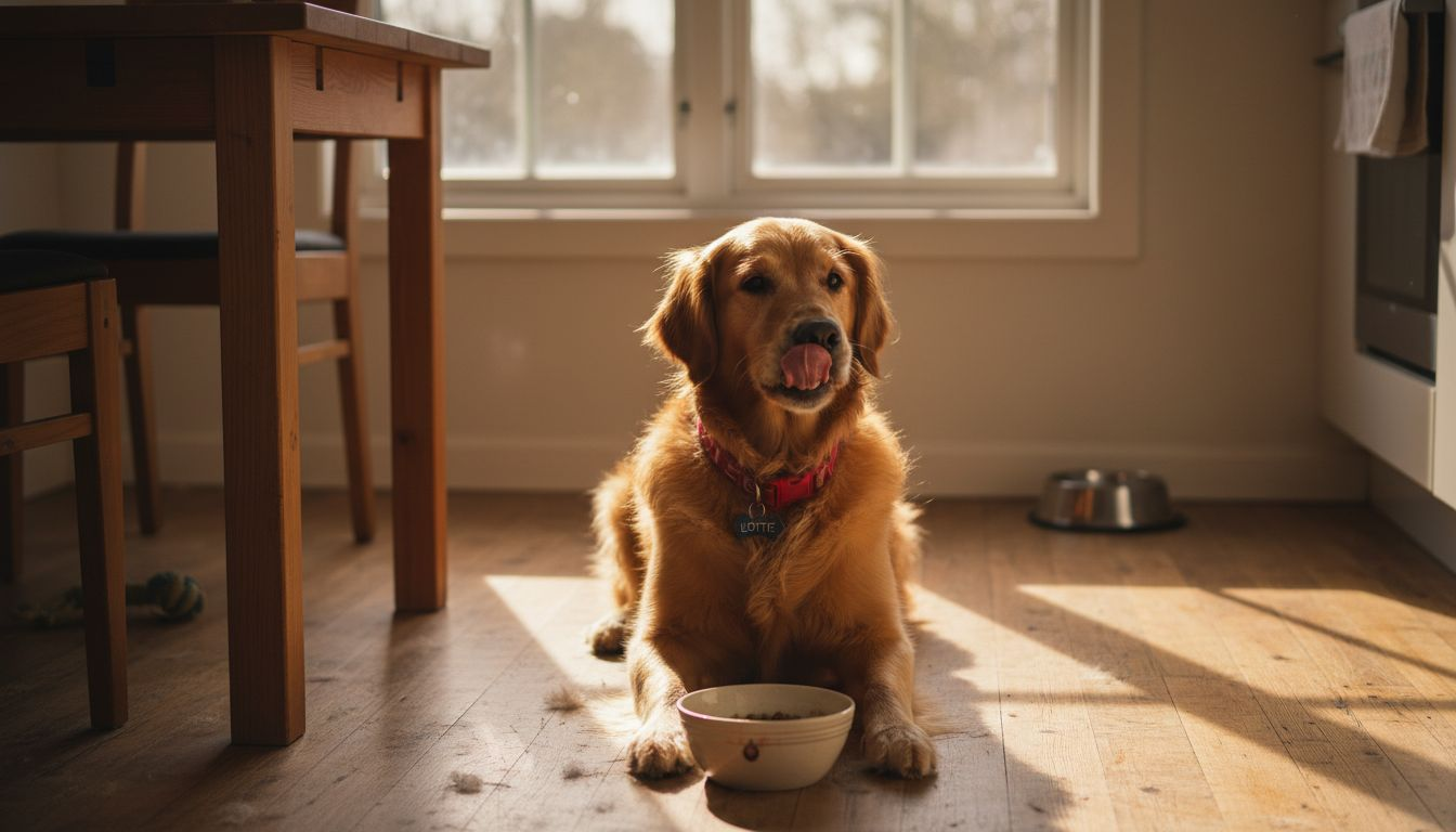 En golden retriever som får servert maten sin hjemme, slik det skjer til vanlig i hverdagen.