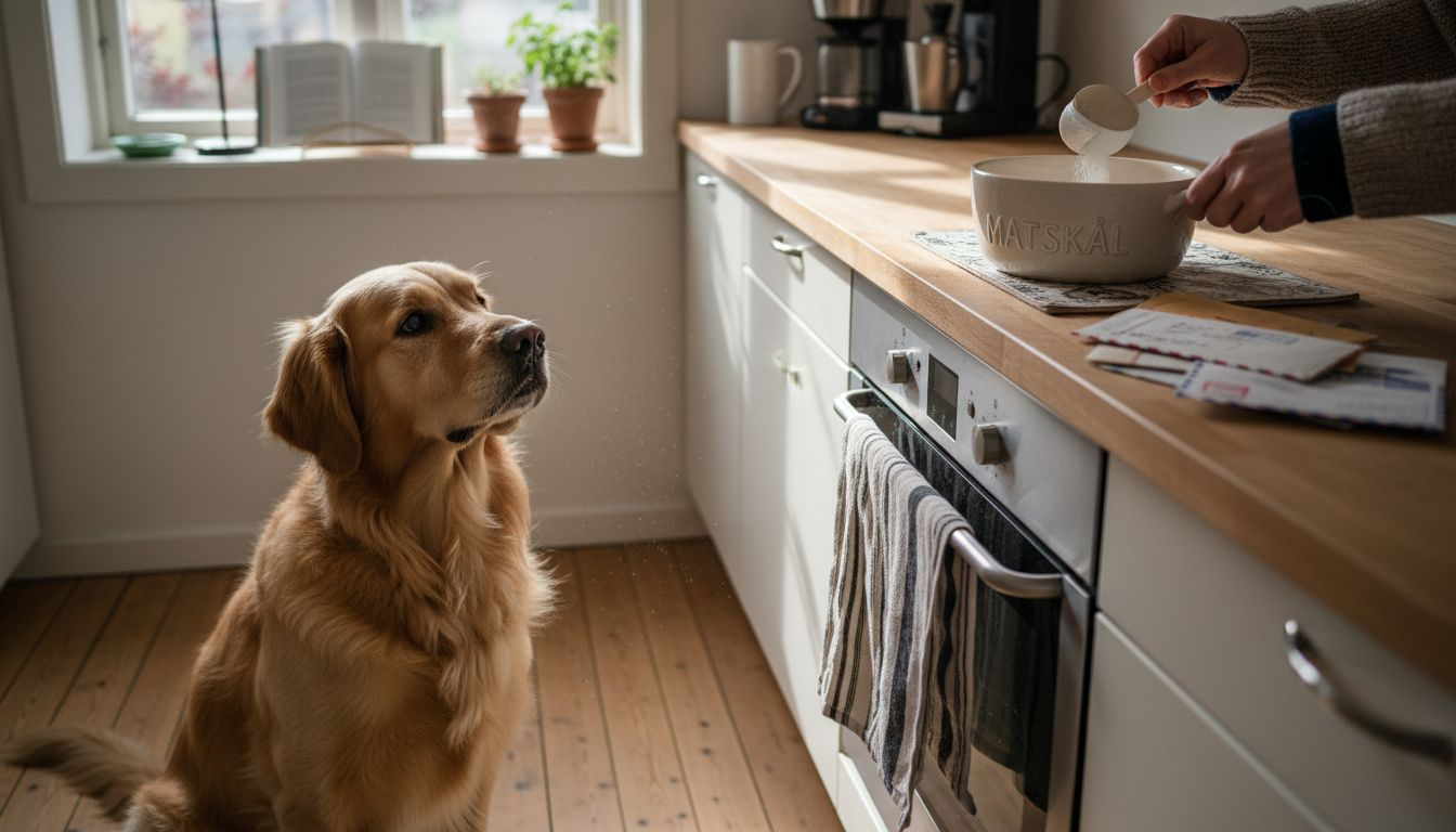 Hundeeier som lager et sunt måltid med probiotika til hunden på kjøkkenet