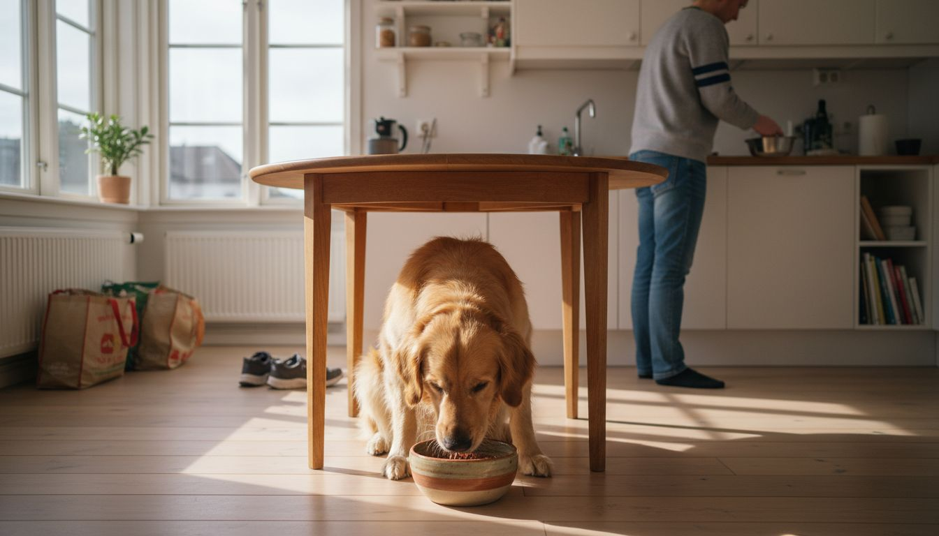 Golden retrieveren har funnet seg til rette ved kjøkkenbordet og spiser som en av oss.