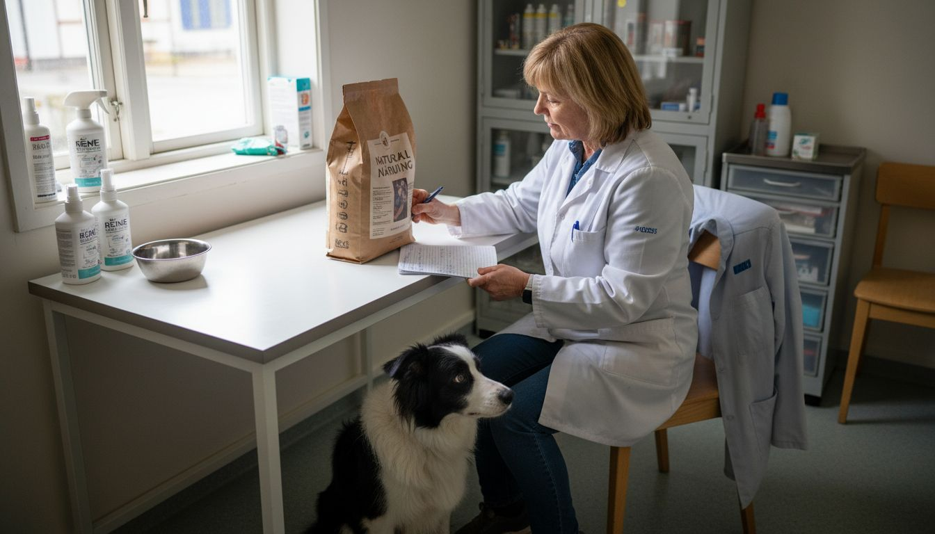 En veterinær sitter ved bordet og går nøye gjennom innholdet på en pakke med hundemat.