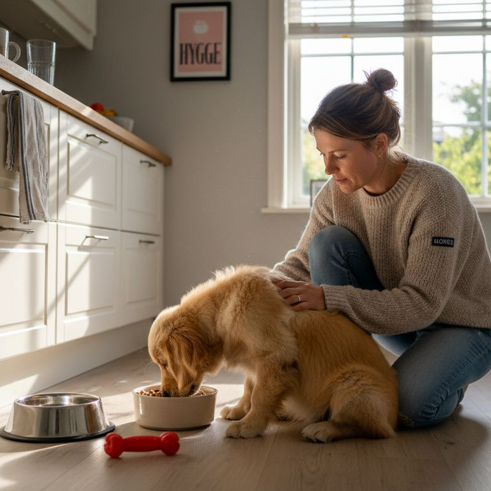 En valp får mat av eieren sin på kjøkkenet hjemme.