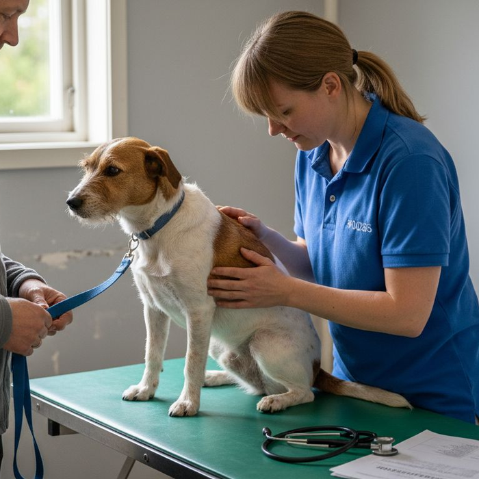Hunden får helsesjekk hos veterinæren
