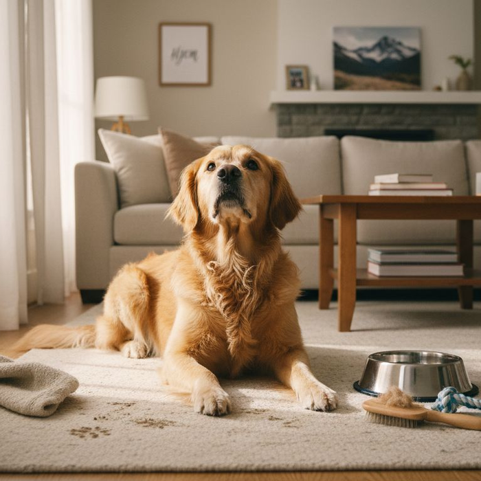 En frisk og fornøyd hund nyter solstrålene i stua.