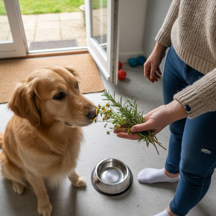 Hunden snuser nysgjerrig på noen urter ved matskålen.