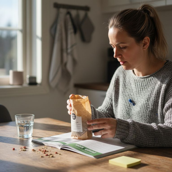 En kvinne sitter ved kjøkkenbordet og ser nøye på hundematen.