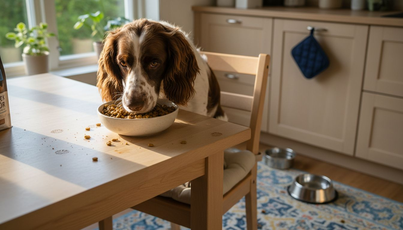 En hund koser seg med sunn mat ved et solfylt vindu.