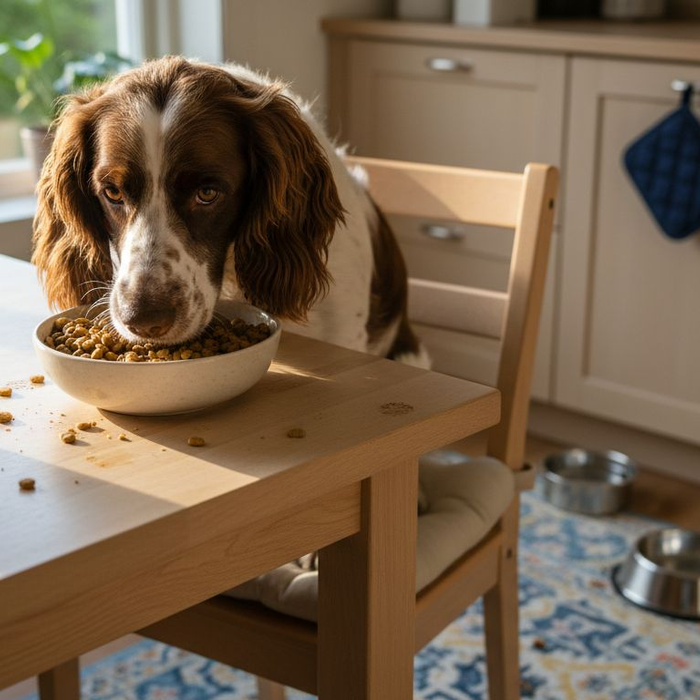 En hund koser seg med sunn mat ved et solfylt vindu.