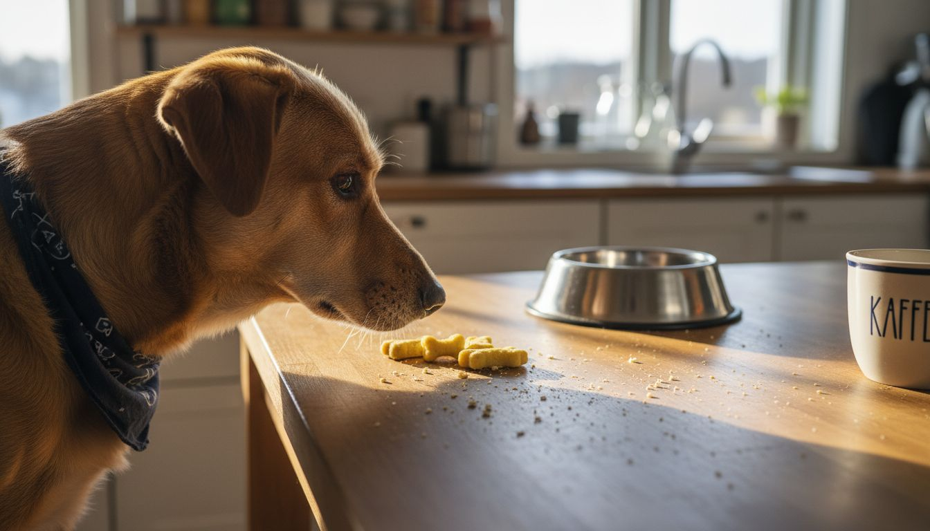 En hund lukter nysgjerrig på allergivennlig hundesnacks som ligger på bordet.