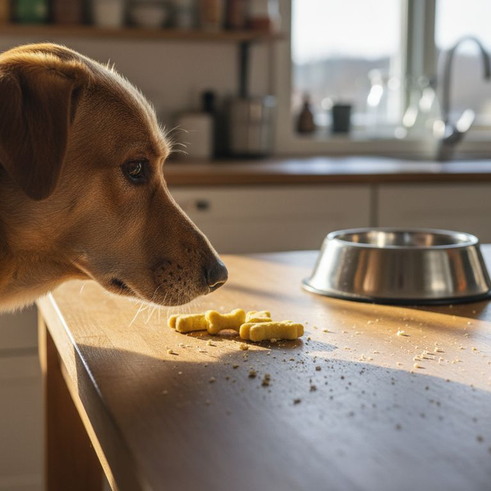 En hund lukter nysgjerrig på allergivennlig hundesnacks som ligger på bordet.