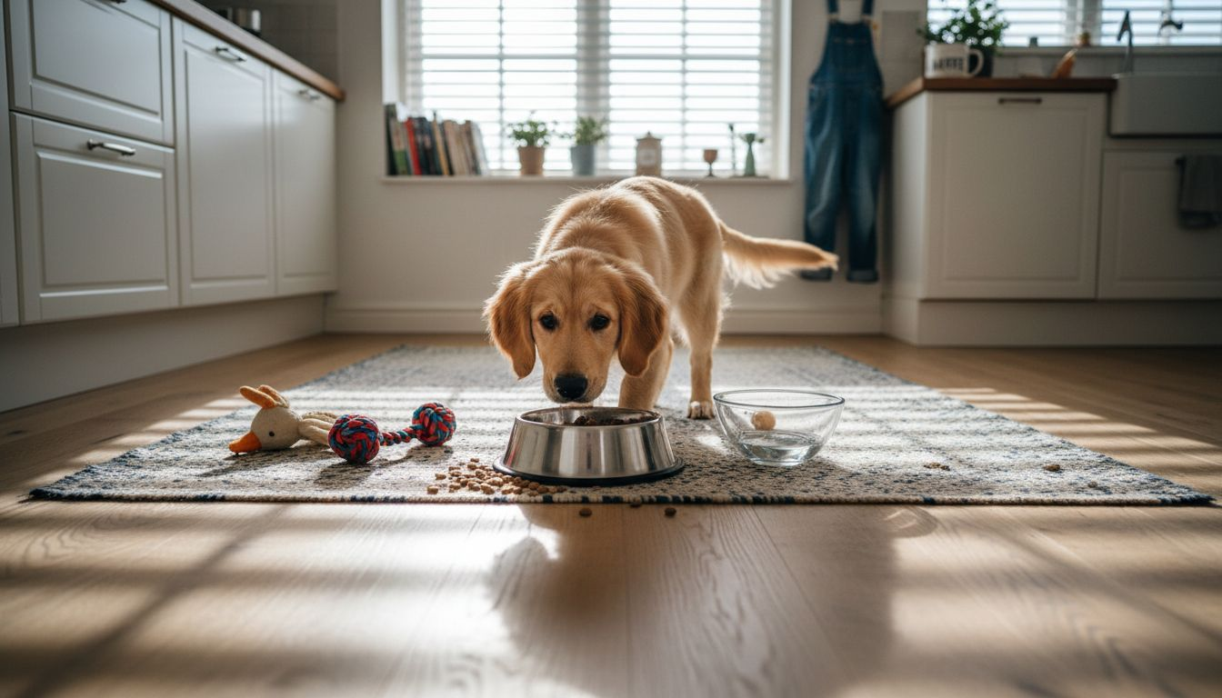 En liten golden retriever-valp snuser nysgjerrig på matskålen sin.