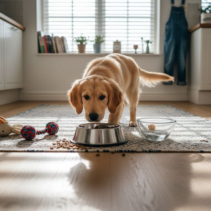 En liten golden retriever-valp snuser nysgjerrig på matskålen sin.