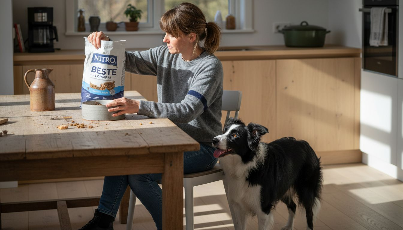På kjøkkenet gir eieren hunden mat.