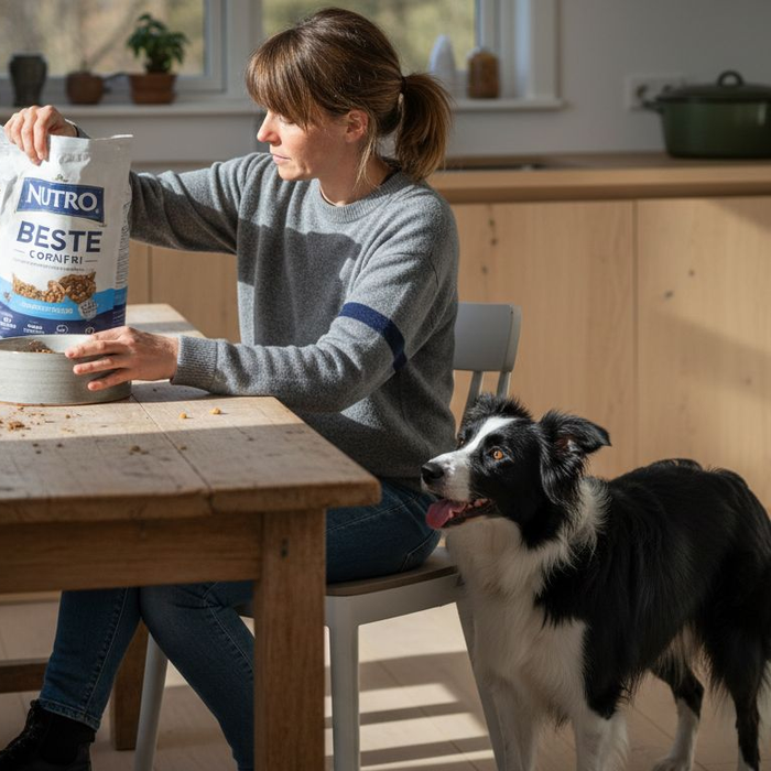 På kjøkkenet gir eieren hunden mat.