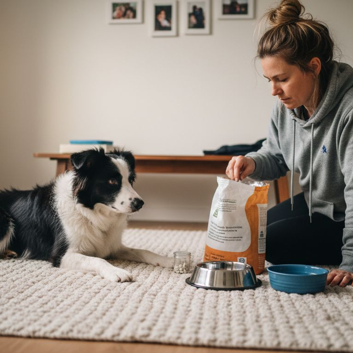 Hunden får maten sin hjemme hos eieren.