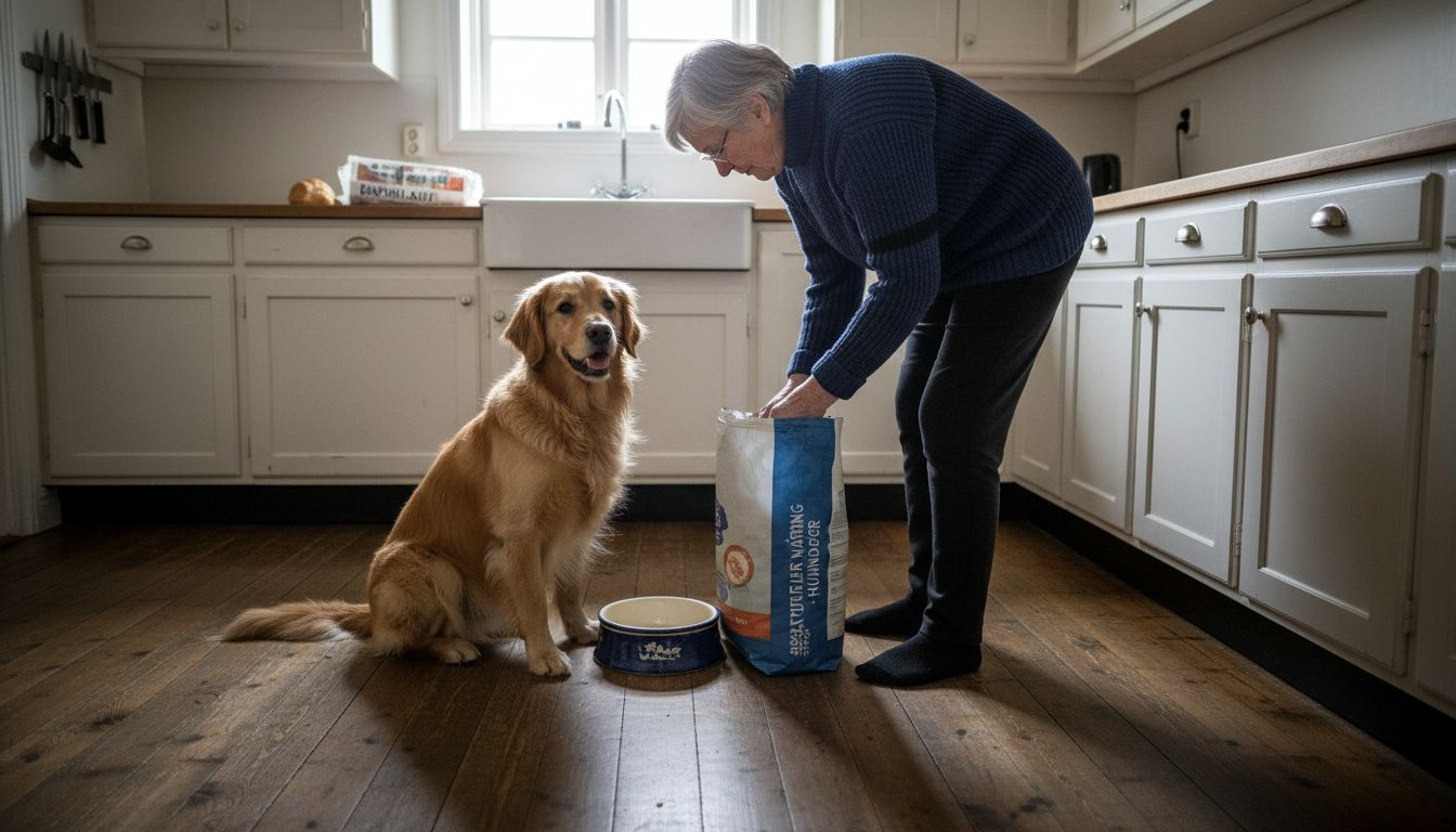 Hunden sitter spent og følger med ved kjøkkenbenken i håp om at det snart blir noe å spise.