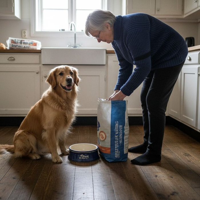 Hunden sitter spent og følger med ved kjøkkenbenken i håp om at det snart blir noe å spise.