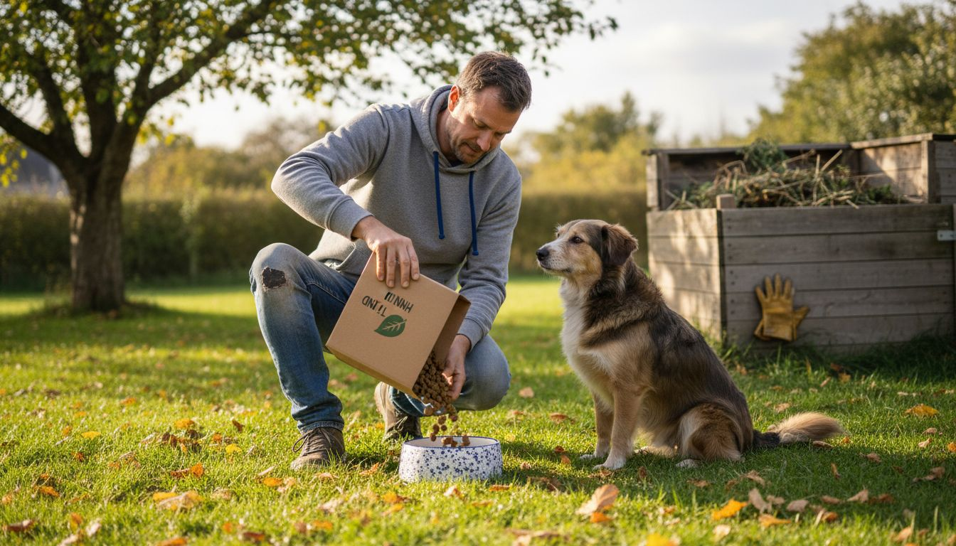 En hundeeier som gir hunden sin mat ute i frisk luft.