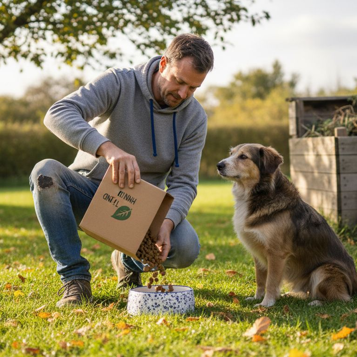 En hundeeier som gir hunden sin mat ute i frisk luft.