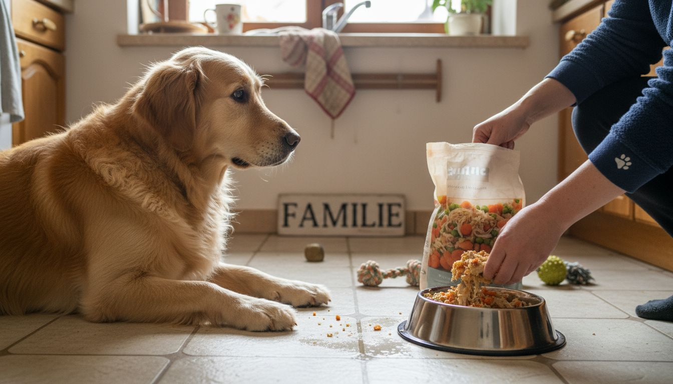 En forventningsfull golden retriever sitter i kjøkkenet og venter på et næringsrikt måltid sammen med familien.