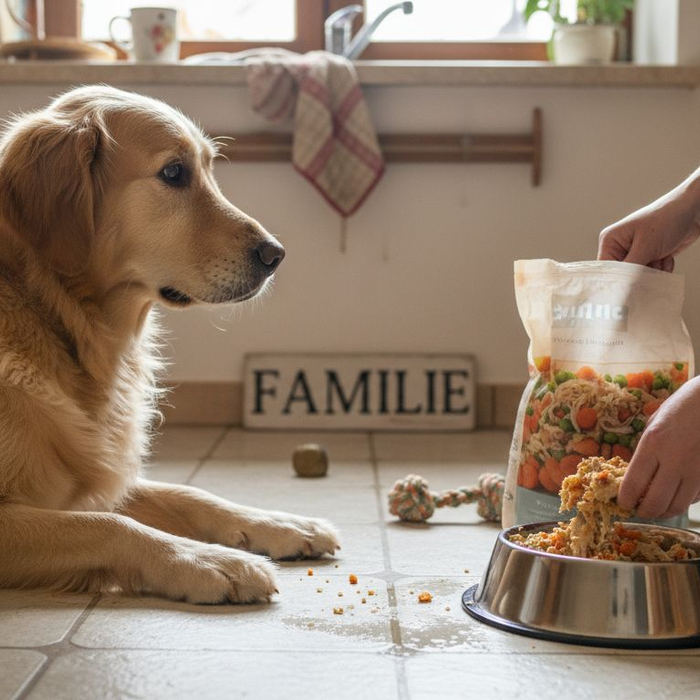 En forventningsfull golden retriever sitter i kjøkkenet og venter på et næringsrikt måltid sammen med familien.