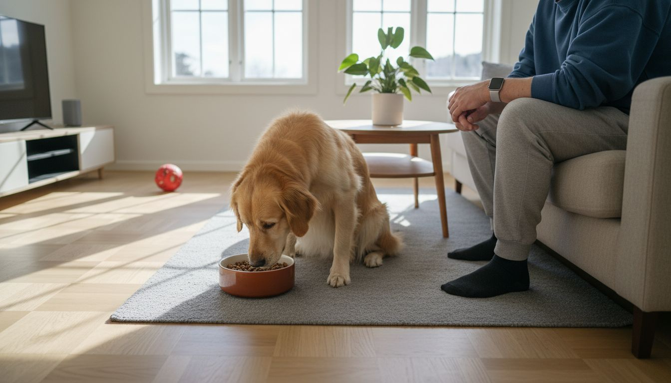 Hunden tester ut allergivennlig tørrfôr hjemme på kjøkkenet