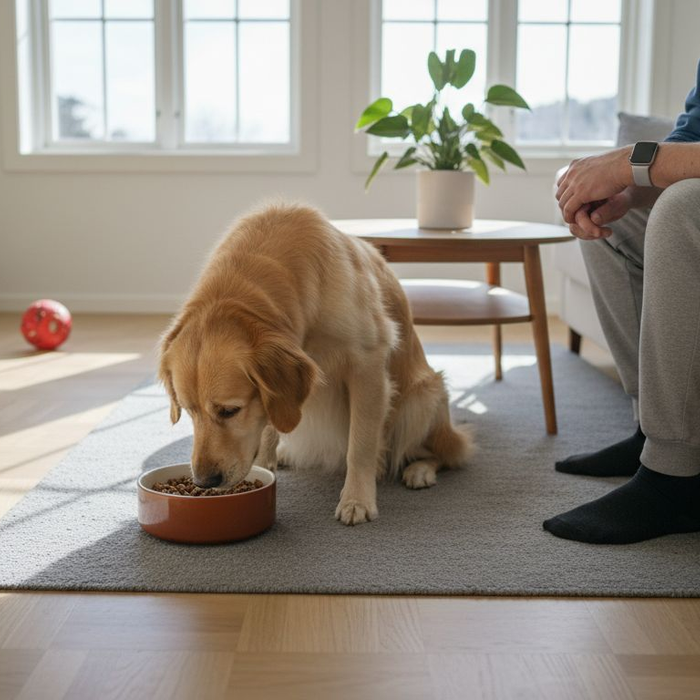 Hunden tester ut allergivennlig tørrfôr hjemme på kjøkkenet