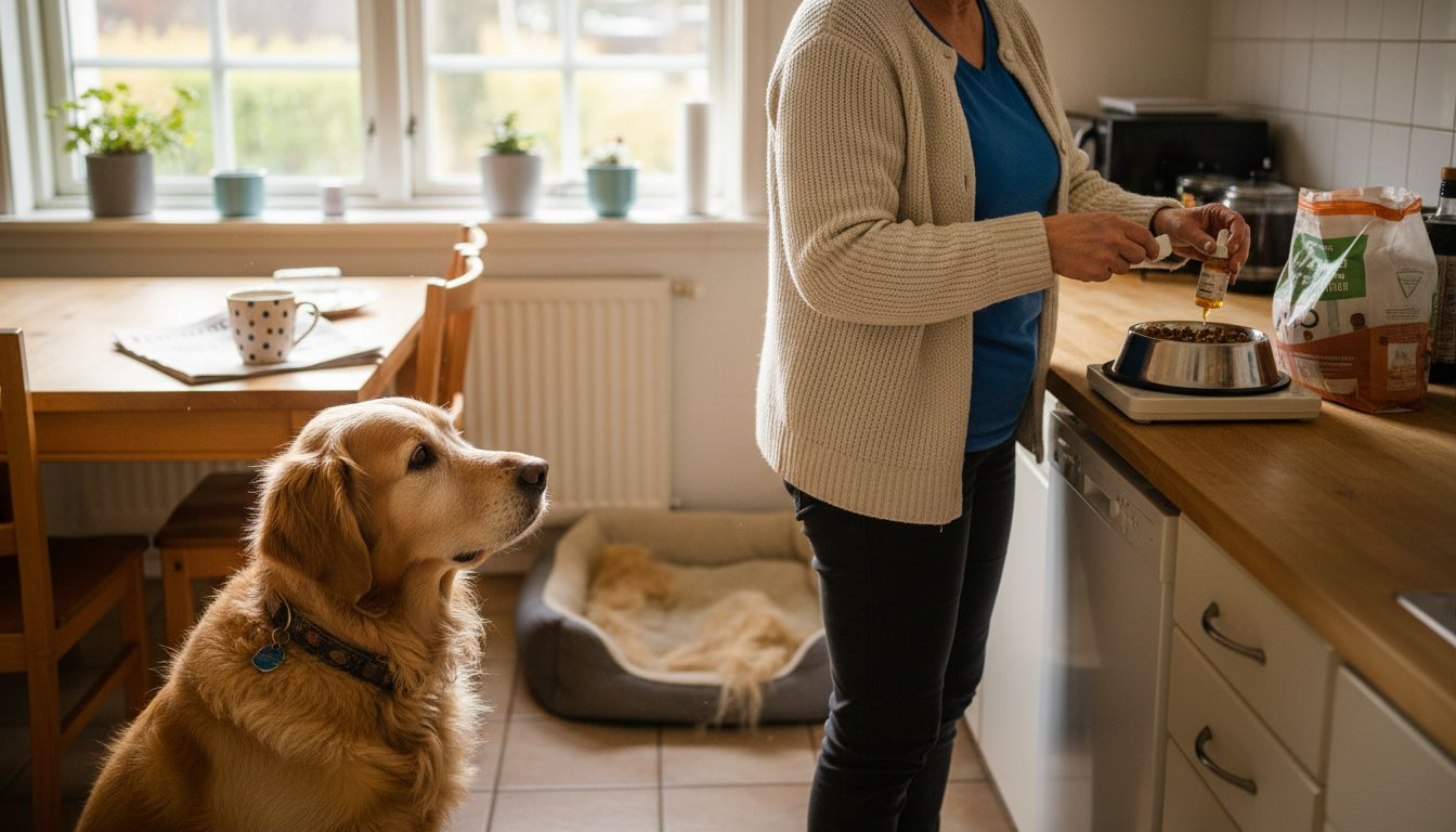 En kvinne gir sin voksne golden retriever et spesialtilpasset kosthold.