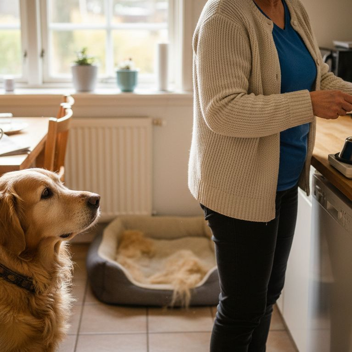 En kvinne gir sin voksne golden retriever et spesialtilpasset kosthold.