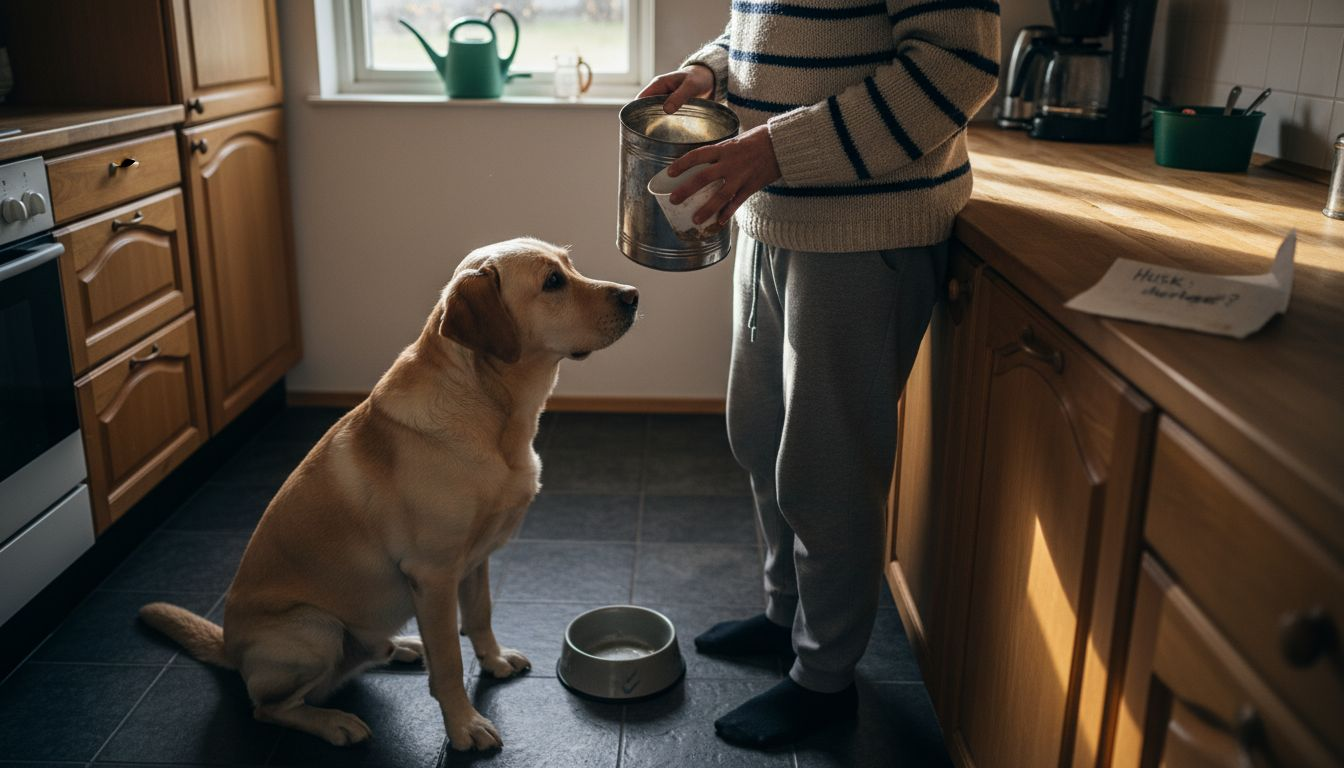 Hunden sitter spent på kjøkkenet og håper på mat.