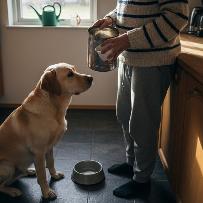 Hunden sitter spent på kjøkkenet og håper på mat.
