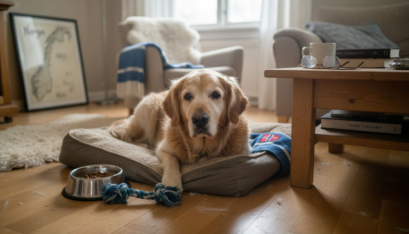 En eldre golden retriever ligger og slapper av på hundesengen sin hjemme.