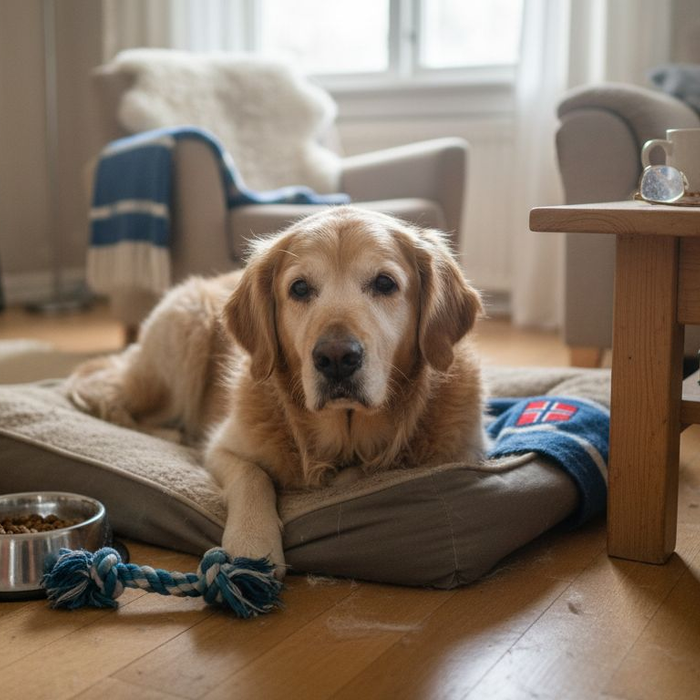 En eldre golden retriever ligger og slapper av på hundesengen sin hjemme.