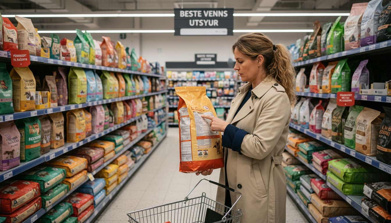 En kvinne står i dyrebutikken og gransker innholdsfortegnelsen på en hundematpose.