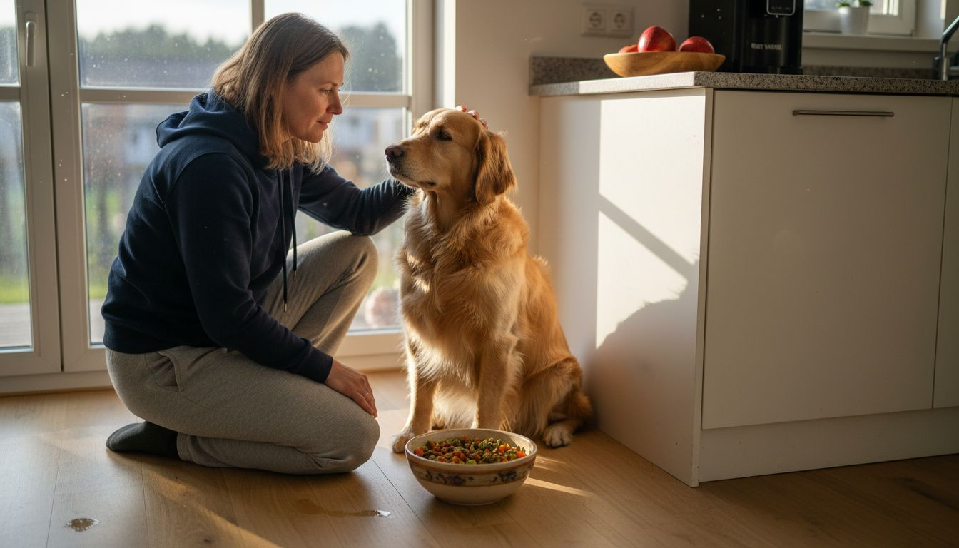 En hund får servert sunn mat på kjøkkenet.