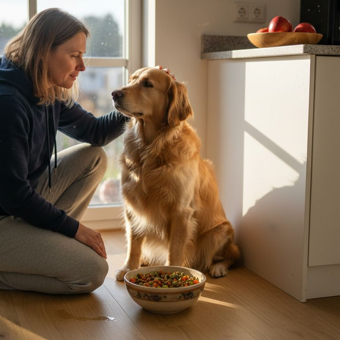 En hund får servert sunn mat på kjøkkenet.