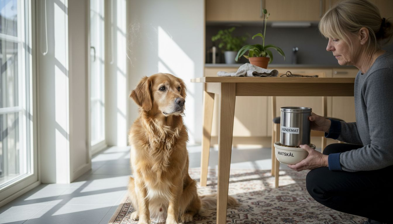 Allergisk hund venter tålmodig på spesialfôr