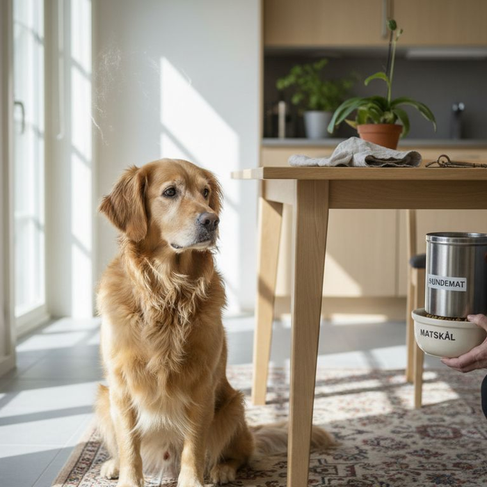 Allergisk hund venter tålmodig på spesialfôr