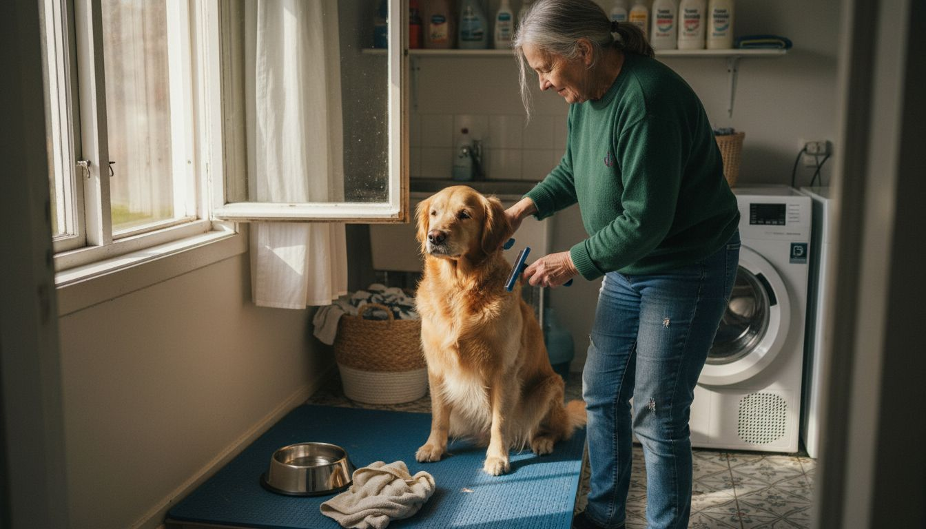 En kvinne steller pelsen til golden retrieveren sin hjemme i stua.