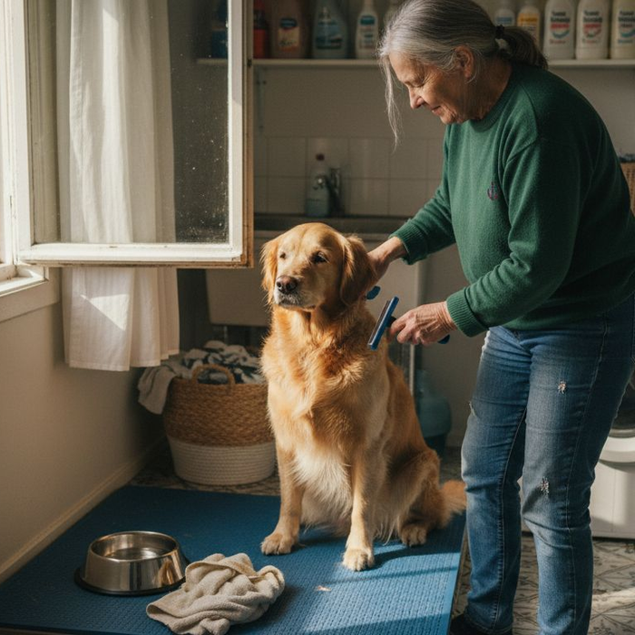 En kvinne steller pelsen til golden retrieveren sin hjemme i stua.
