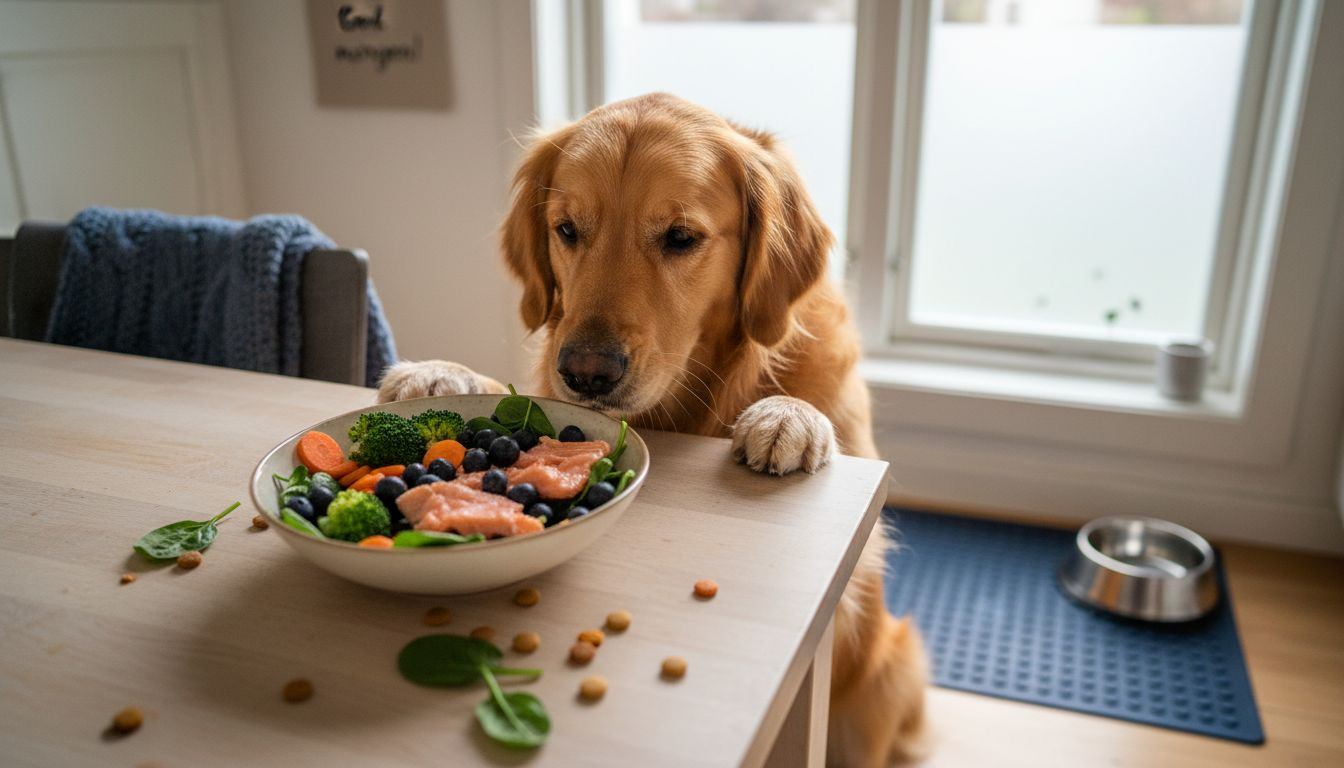 En nysgjerrig hund snuser på en bolle med næringsrike supermat-ingredienser på kjøkkenbenken.