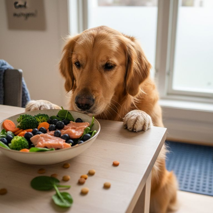 En nysgjerrig hund snuser på en bolle med næringsrike supermat-ingredienser på kjøkkenbenken.