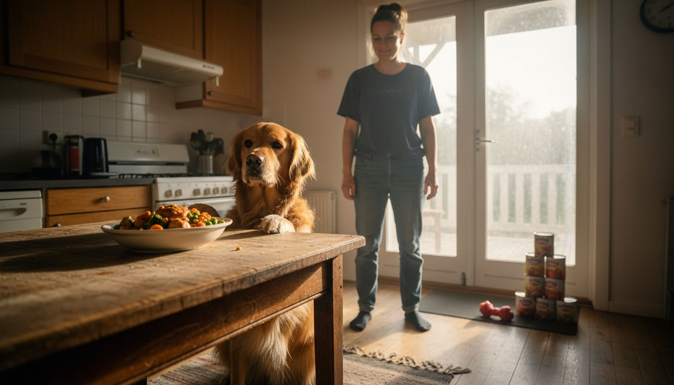 En hund sitter ved bordet og får servert et sunt og balansert måltid.