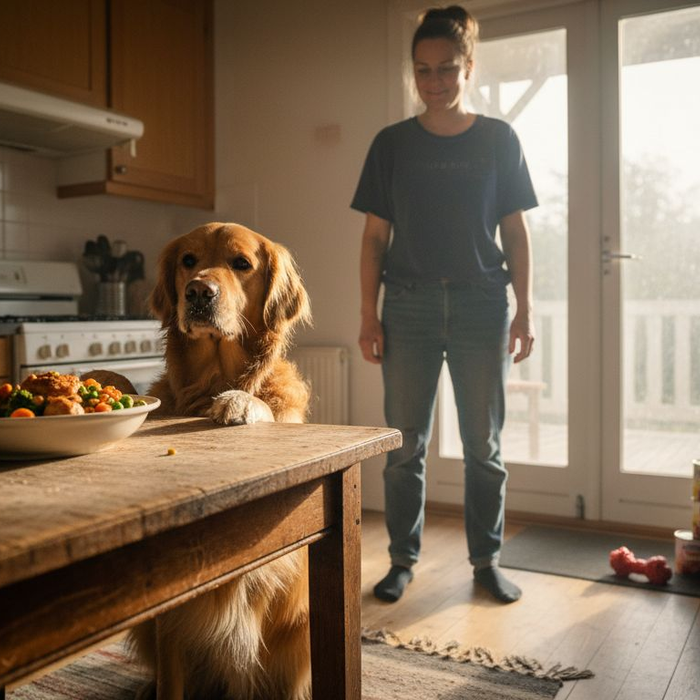 En hund sitter ved bordet og får servert et sunt og balansert måltid.
