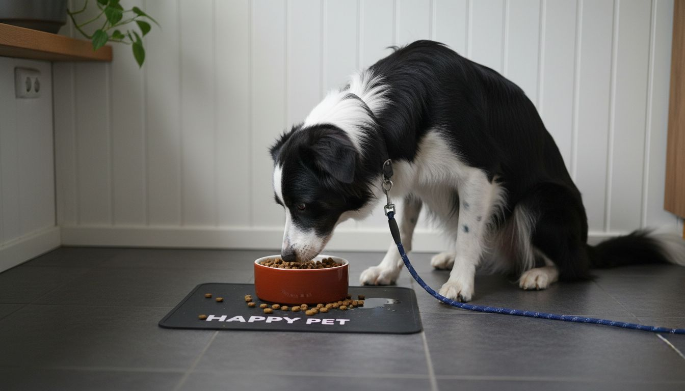 Hunden står på kjøkkenet og spiser fra matskålen sin.
