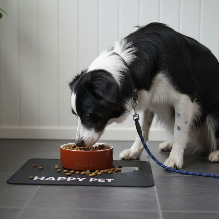 Hunden står på kjøkkenet og spiser fra matskålen sin.