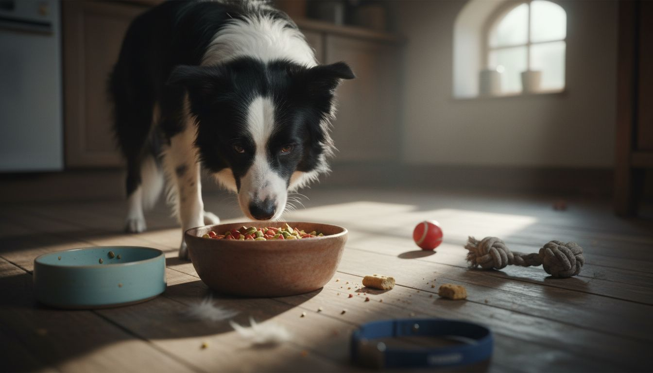Hund snuser nysgjerrig på en skål med kosttilskudd