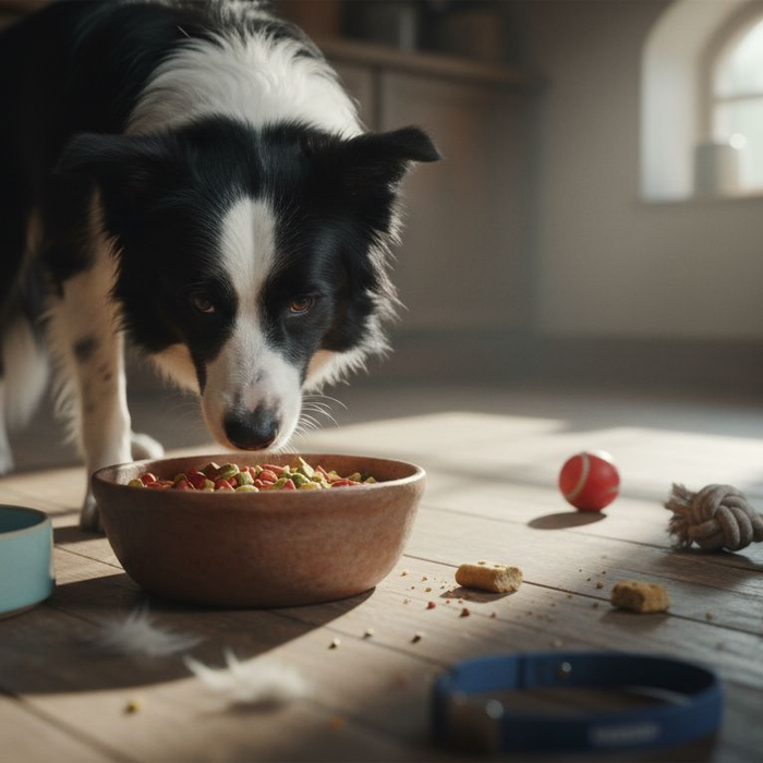Hund snuser nysgjerrig på en skål med kosttilskudd