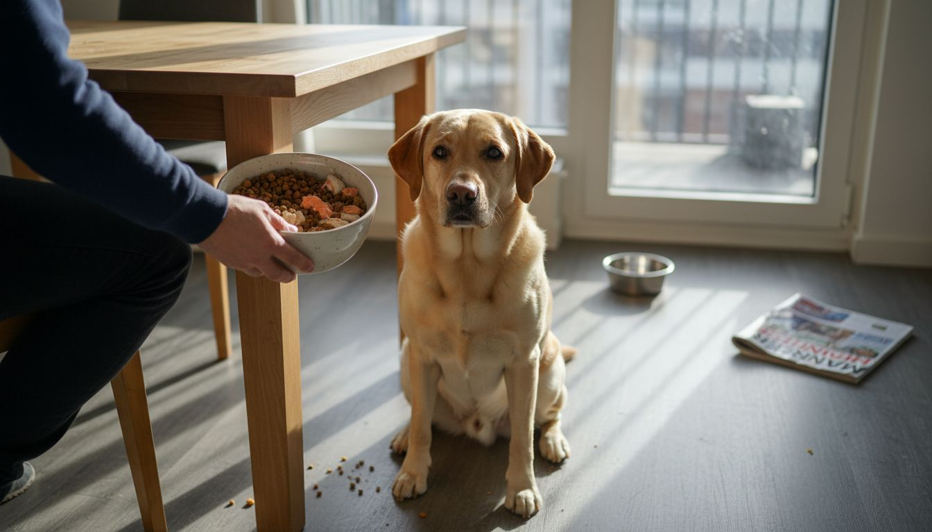 Hunden må velge mellom kylling eller laks til middag.