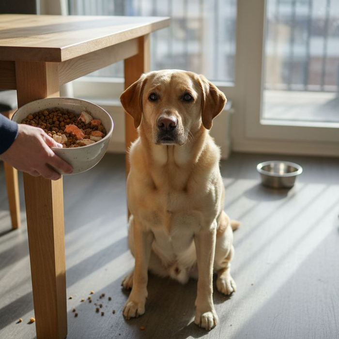 Hunden må velge mellom kylling eller laks til middag.
